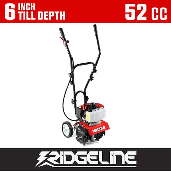 52cc 2-Stroke Gas Cultivator Garden Tiller, 6 in. Depth, Adjustable Width, Steel Tines, Flat-Free Tires