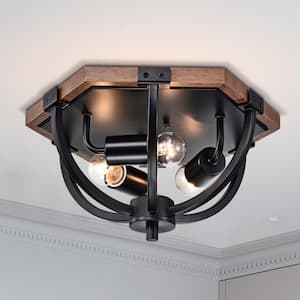 Fiona 12 in. 3-Light Indoor Matte Black and Faux Wood Grain Finish Flush Mount with Light Kit