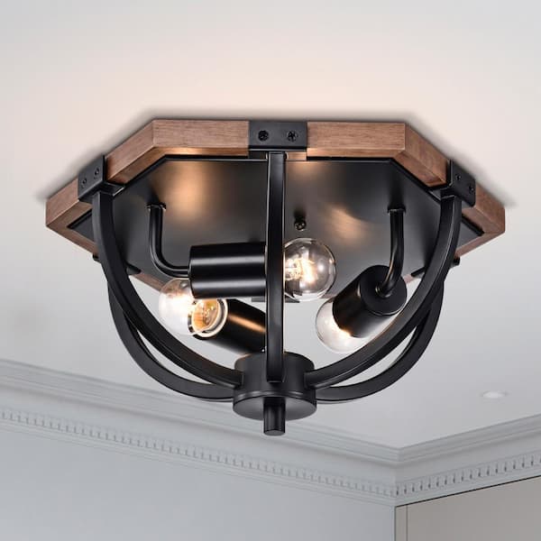 Warehouse of Tiffany Fiona 12 in. 3-Light Indoor Matte Black and Faux Wood Grain Finish Flush Mount with Light Kit