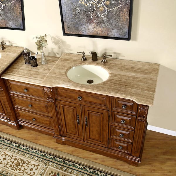 Silkroad Exclusive 55-in Dark Walnut Undermount Double Sink Bathroom Vanity  with Travertine Top in the Bathroom Vanities with Tops department at