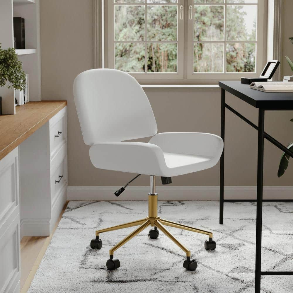 White Faux Leather Armless Swivel Office Chair with Brass Base