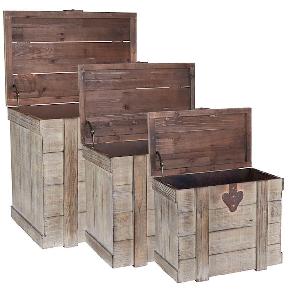 HOUSEHOLD ESSENTIALS Antiqued Wooden Home Storage Chest, 3-Piece Set 9535-1  - The Home Depot