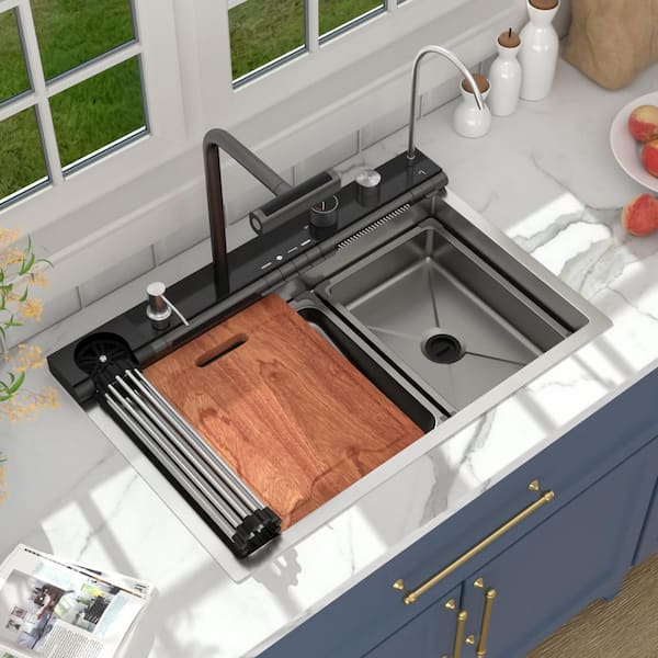 30 in. Drop-in Single Bowl LED Digital Display Stainless Steel Workstation Kitchen Sink with 4 in 1 Faucet