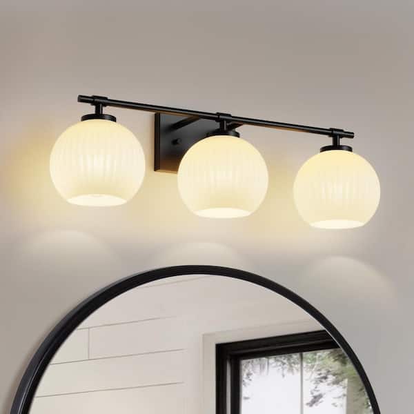 YANSUN 25 in. 3-Light Black Vanity Light with Milk White Globe Glass Shades for Bathroom, Living Room, Entryway