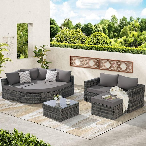 8-Piece Wicker Outdoor Conversation Patio Furniture Set with Dark Gray Cushions