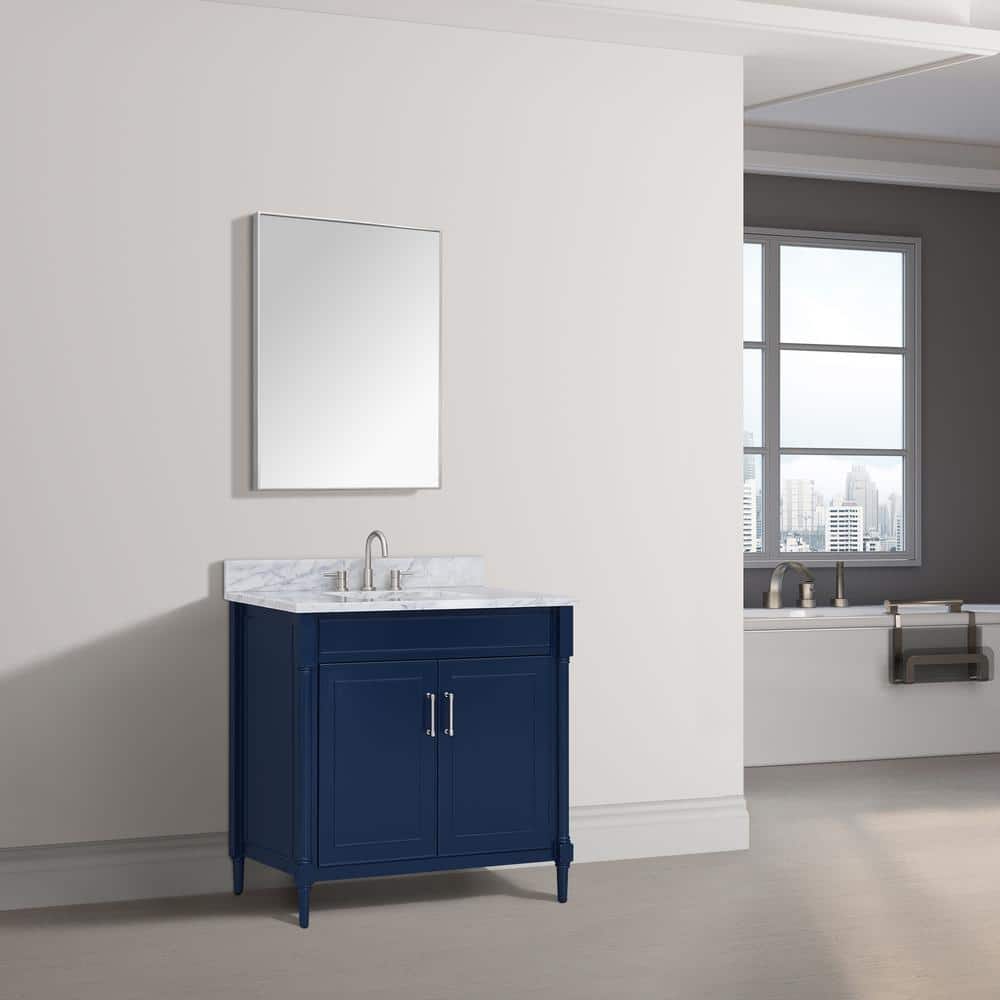 Navy Blue Single Bathroom Vanity with Carrara Marble Top