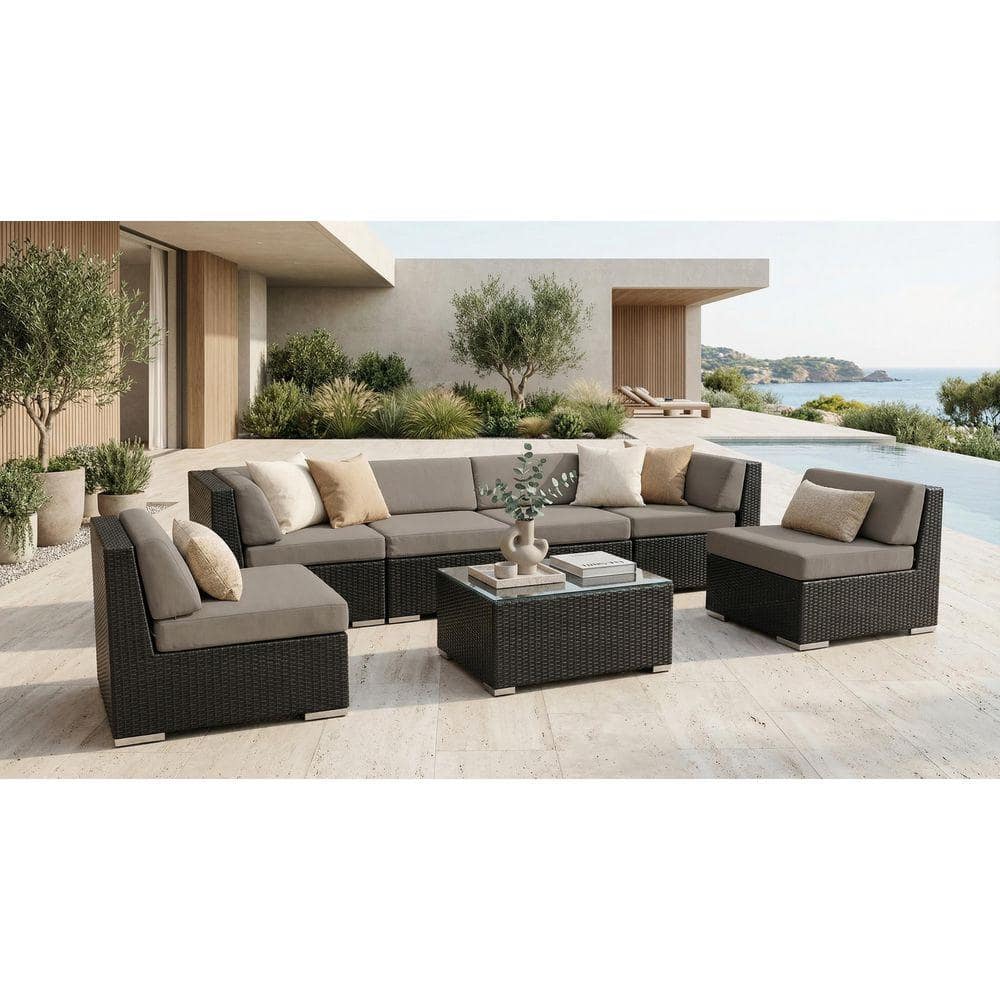 Ohana Depot Ohana Black 7-Piece Wicker Patio Seating Set with