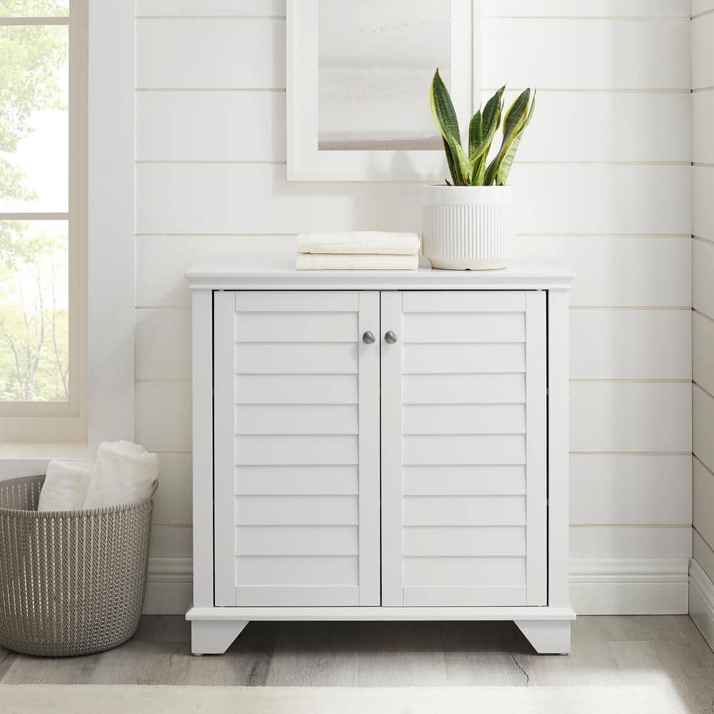 White Faux-Louvered Living Room Cabinet with Adjustable Shelving