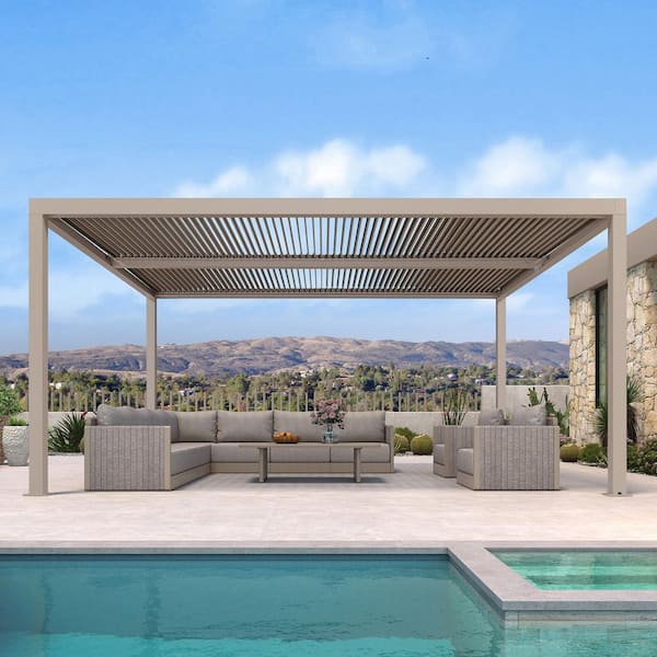 12 ft. x 16 ft. Champagne Aluminum Frame Outdoor Hardtop Louvered Pergola with Adjustable Roofs and In-Built Gutter
