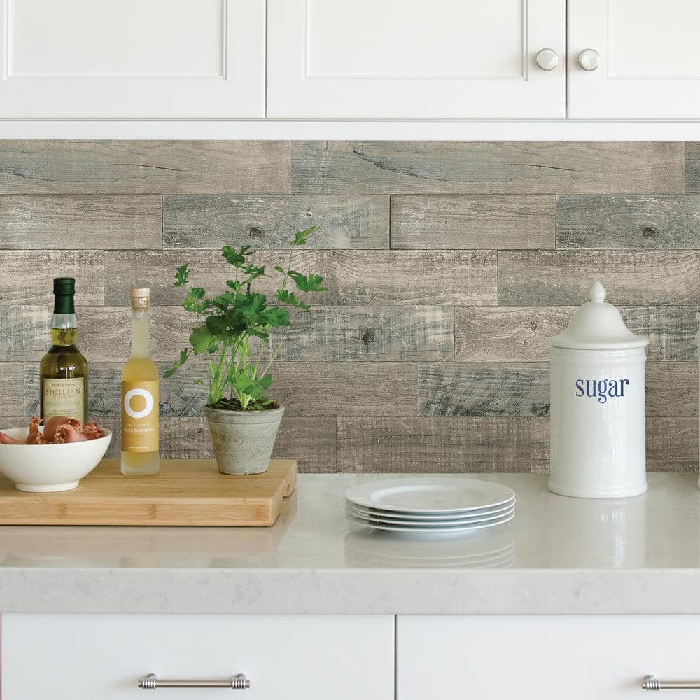 Beige and Gray Coastal Wood Peel & Stick Vinyl Backsplash, 108-in x 18-in