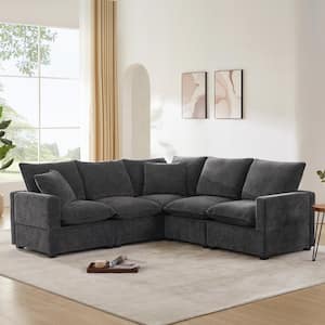 86 in. Straight Arm Chenille L-Shape Modular Sectional Sofa in Black Gray with 2-Pillows, Freely Combinable Seats