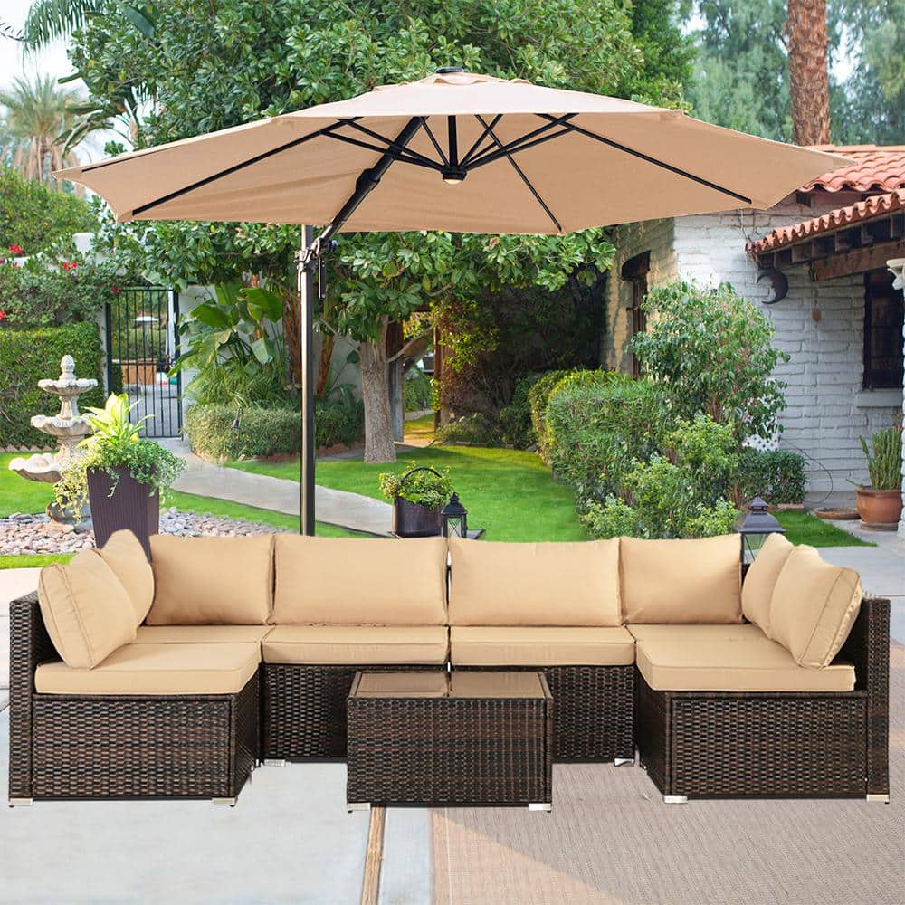 7-Piece Brown Wicker Outdoor Sectional Set, Rattan Outdoor Patio Set with B