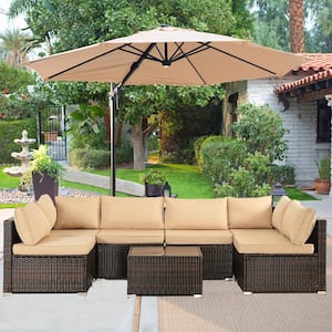 7-Piece Brown Wicker Outdoor Sectional Set, Rattan Outdoor Patio Set with Brown Cushions, Tea Table