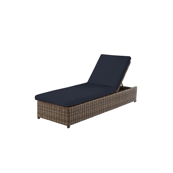 Hampton Bay Fernlake Brown Wicker Outdoor Patio Chaise Lounge with CushionGuard Midnight Navy Blue Cushions
