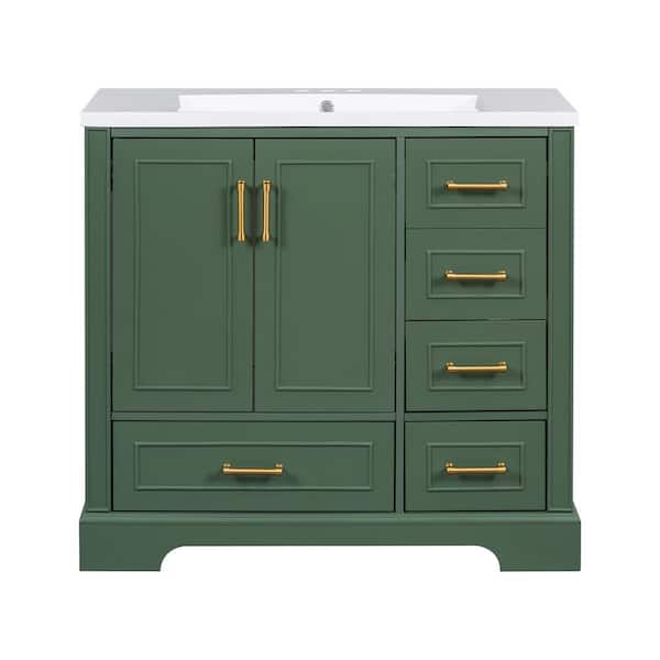 Boosicavelly 36 in. W x 18 in. D x 34 in. H Single Sink Freestanding Bath Vanity in Green with White Resin Top