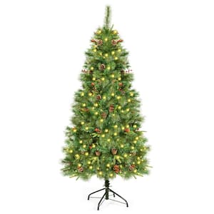6 ft. Pre-lit Hinged Artificial Christmas Tree Holiday Decor with LED Lights Metal Stand