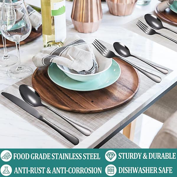 24-Piece Black Stainless Steel Flatware Set with Hanging Rack, Mirror ...