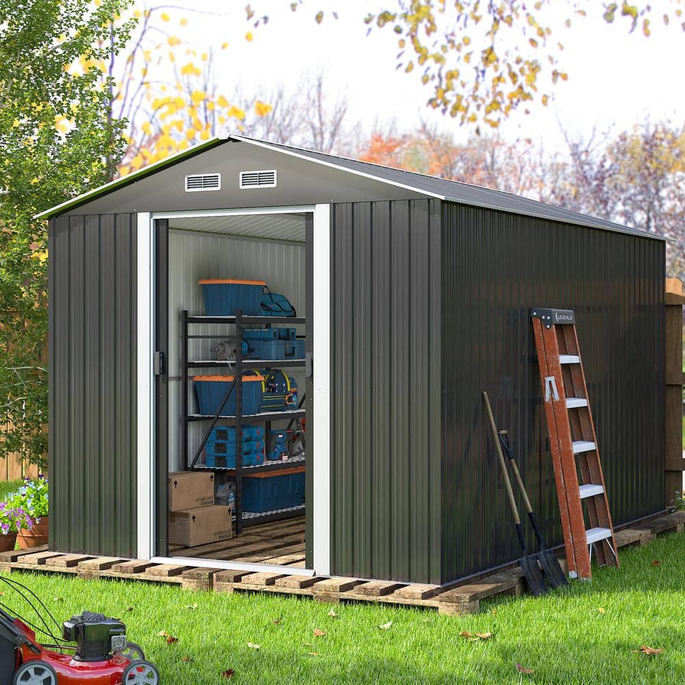 8' x 12' Gray Metal Garden Storage Shed with Windows