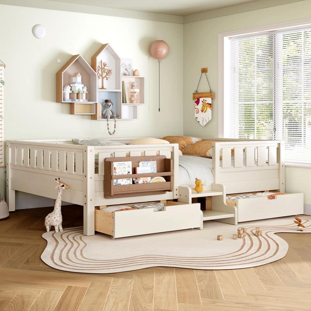Beige Queen Size Kids Bed with Built-in Bookshelves and Storage Drawers