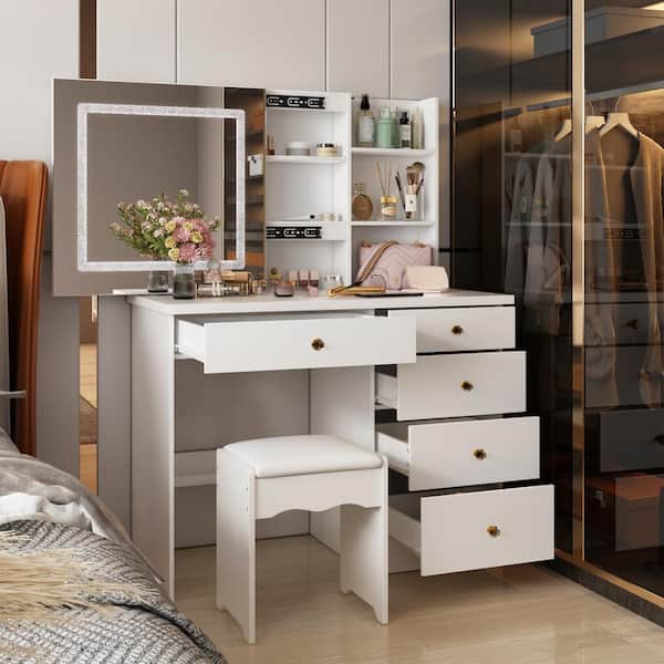 FUFU&GAGA 5-Drawers White Wood LED Push-Pull Mirror Makeup Vanity Sets Dressing Table Sets with Stool and Light Strip with Crystal
