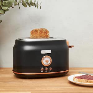 Dorset 900 W 2-Slice Wide Slot Black and Copper Retro Toaster with Removable Crumb Tray and Adjustable Settings