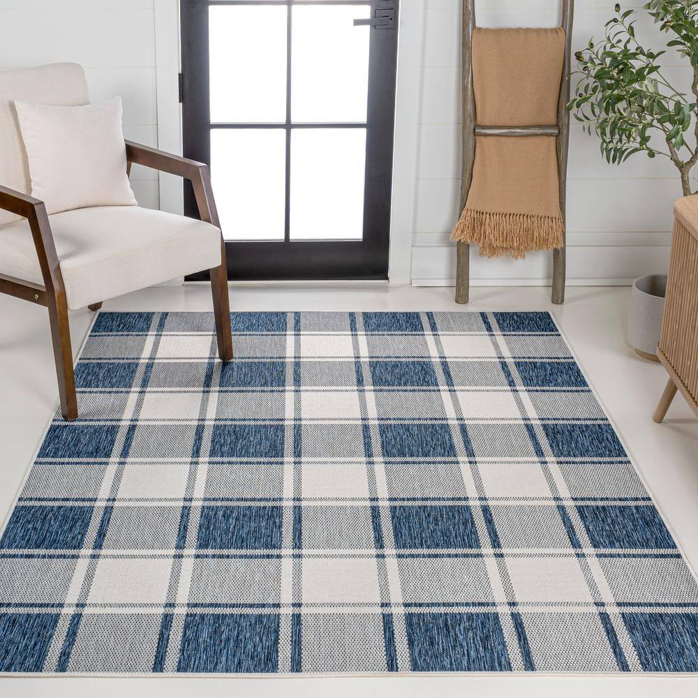 Sabine Navy and Cream Gingham Synthetic 3 x 5 Area Rug