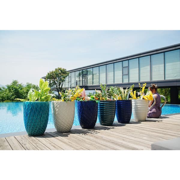 16.54 in. Round Cyan Ceramic Flower Pot with Drainage Hole-Frost and Weather Resistant