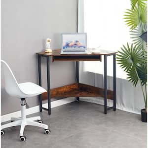 24 in. W Triangle Brown MDF Computer Desk Corner Desk with Smooth Keyboard Tray and Sturdy Steel Frame