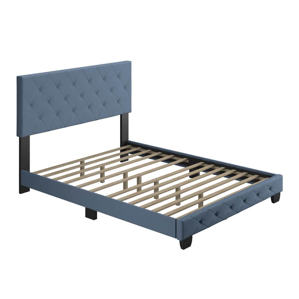 Full Blue Linen Upholstered Platform Bed with Tufted Headboard