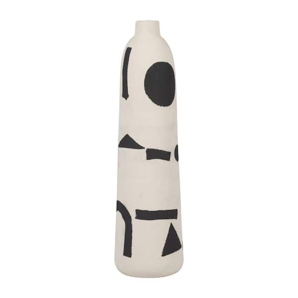 15 in. Ivory Stoneware and Suar Wood Round Abstract Funky Decorative Vase