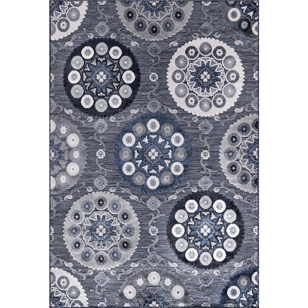 Bloom Navy Blue 10 ft. x 14 ft. Bohemian Medallion Floral Indoor/Outdoor Area Rug
