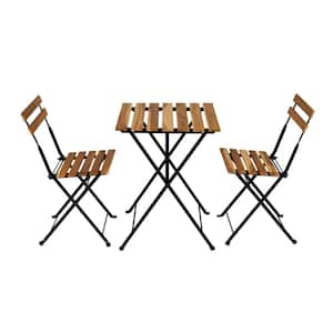 Brown 1-Set of 3-Piece, Wood Square Table 28 in. H Outdoor Bistro Set Chairs with 2 Blue Cushions without Umbrella