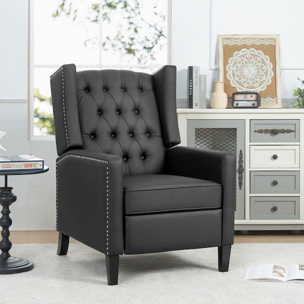 Merax Black PU 27.16 in. W Tufted Wingback Manual Recliner with Nailheads Arm