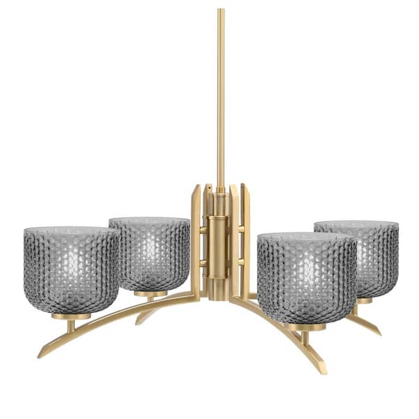 Unbranded Siena 27.5 in. 4-Light New Age Brass Chandelier with 6 in. Smoke Textured Glass Shade, No Bulbs Included