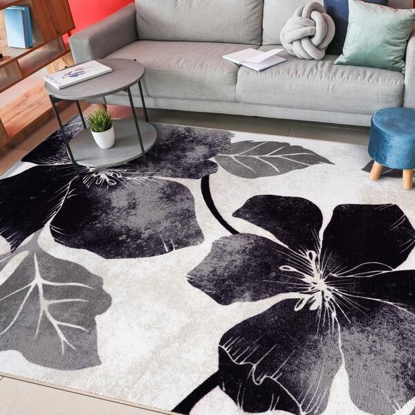 CAMILSON Black/Grey 8 ft. x 10 ft. Non Skid Floral Area Rug SOL100