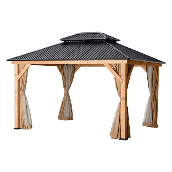 EGEIROSLIFE 11 ft. x 13 ft. Double Roof Hardtop Wooden Patio Gazebo with Netting and Light Brown Curtains