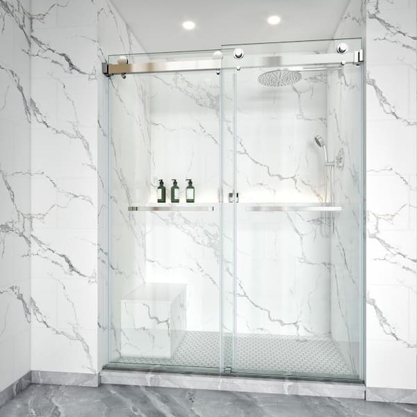 56-61 in. W x 76 in. H Double Sliding Frameless Shower Door in Chrome with 3/8 in. Clear Tempered Glass,2-Towel Bars