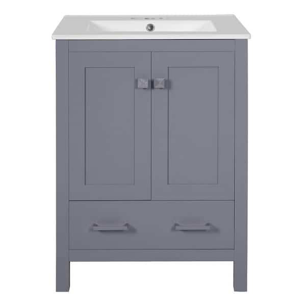 24 in. Single Sink Freestanding Gray Bath Vanity with White Ceramic Top, Divider Drawer, Door Racks