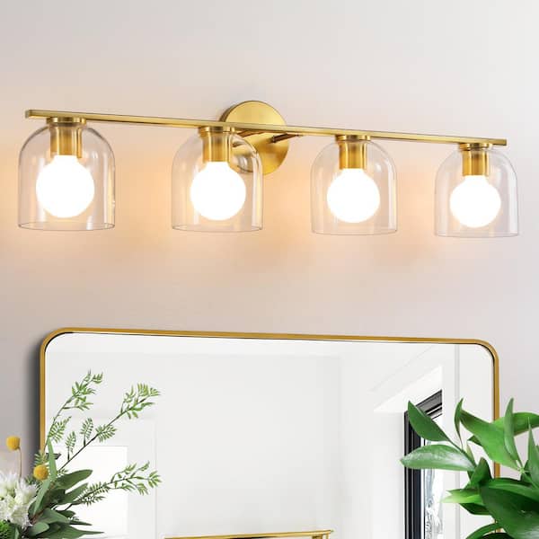 KAISITE 32 in. 4-Light Modern Gold Vanity Light with Clear Glass Shade Farmhouse Wall Sconce For Bathroom Light Fixtures