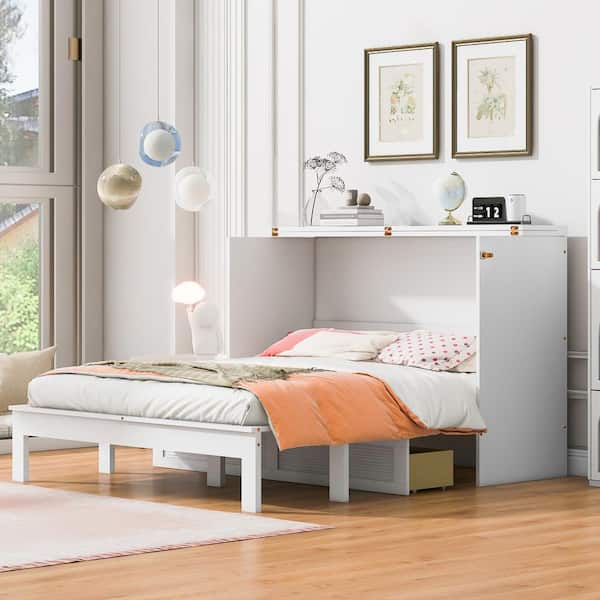 Harper & Bright Designs White Wood Frame Queen Murphy Bed with Spacious Drawer, USB Charging Station
