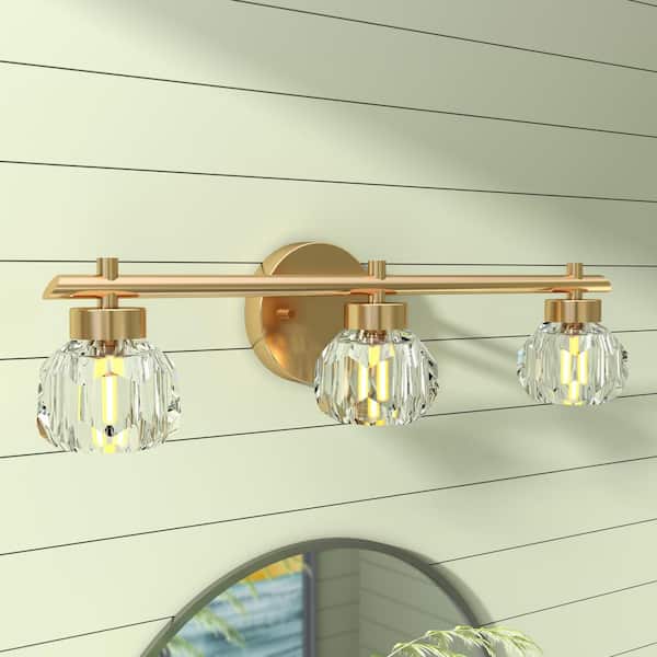 Vlens 21.50 in. Modern 3-Light Brushed Gold Dimmable Vanity Light with Crystal Shade