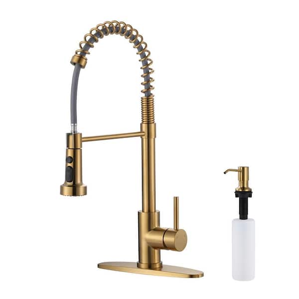 Brushed Gold 19 in. Single-Handle Spring Neck Pull Down Sprayer Kitchen Faucet with 360° Swivel and Soap Despenser
