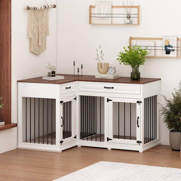 Large Dog Crate Furniture for 2 Dogs, Indoor Wooden Dog Kennel Corner Dog Crate with Drawers Perfect for Limited Room