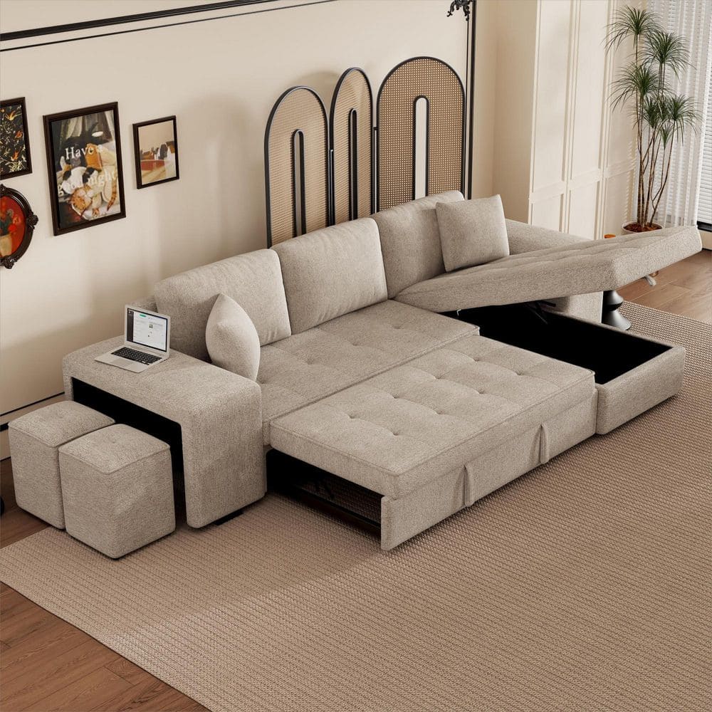 104.5 in. Modern 3 Seat Chenille L-Shape Sectional Sofa in Cream with Stora