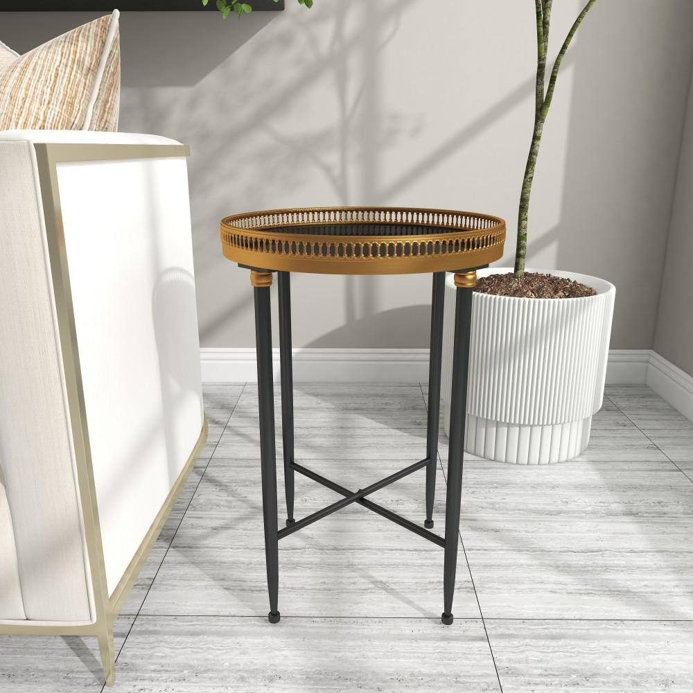Black Round Metal and Stone Accent Table with Graduated Legs