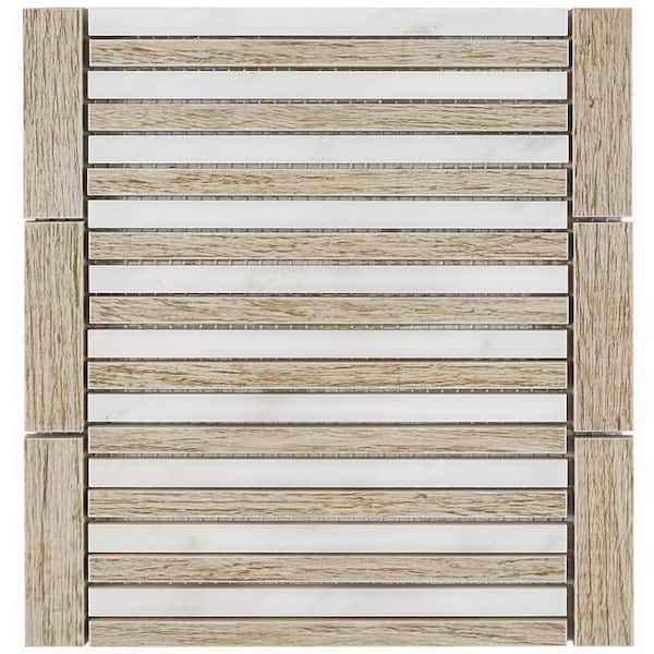 Florey Linear Asian Statuary and Wooden Beige 7.87 in. x 8.31 in. Polished Marble Mosaic Tile (0.45 sq. ft. /Each)