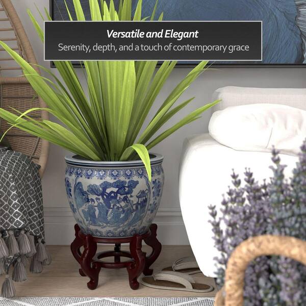Red Lantern 14 in. Ladies Blue and White Porcelain Fishbowl BW