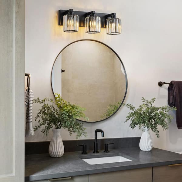 Orillia 20 in. 3-Light Vanity Light with Cylinder Crystal Shade Black Modern Wall Mount Sconce for Bathroom Powder Room