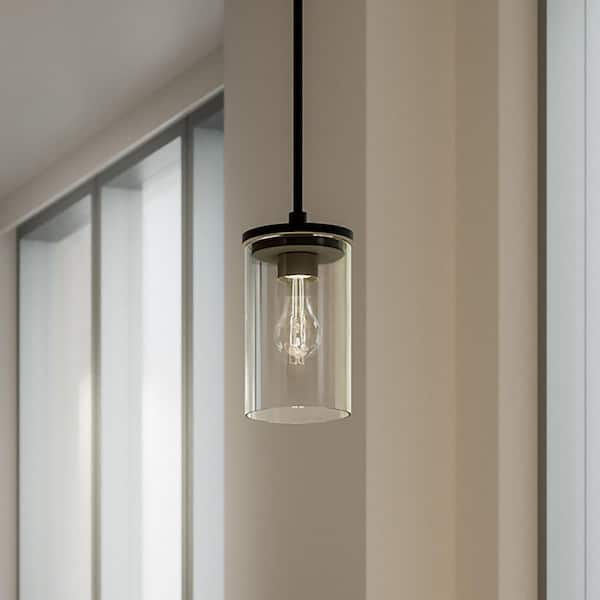Crosby 1-Light Black Contemporary Shaded Kitchen Mini Pendant Hanging Light with Clear Glass