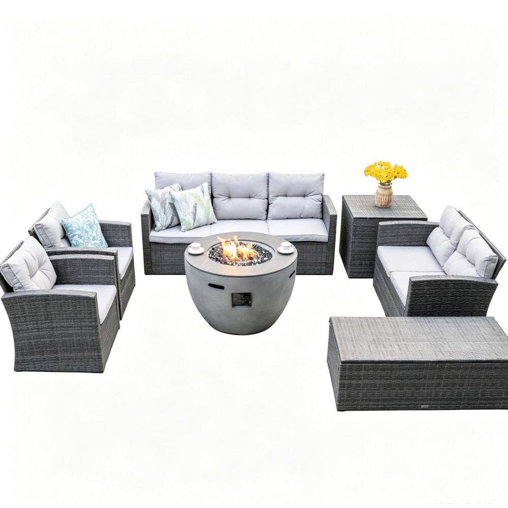 Gray 7-Piece Aluminum Wicker Patio Conversation Set with Gray Cushions, Fire Pit Table and Storage Box price history on PriceWatchPro